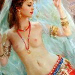 33 nude arabic oil paintings graceful arabic belly dancer artwork stunning arabic nude wall art adorned with light green veil gold armbands fashion jewelry dance dress :.be: Home Kitchen