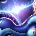 Samus Aran video game girls video game characters blonde ponytail long hair looking at viewer smiling bent over huge breasts bottom up ass Jason Liang Metroid series video games fan art bodysuit