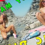 Awesome kinky nudist girl in sunglasses sucks rides a huge dildo in public beach
