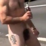 Public: Muscle hairy man naked in public road